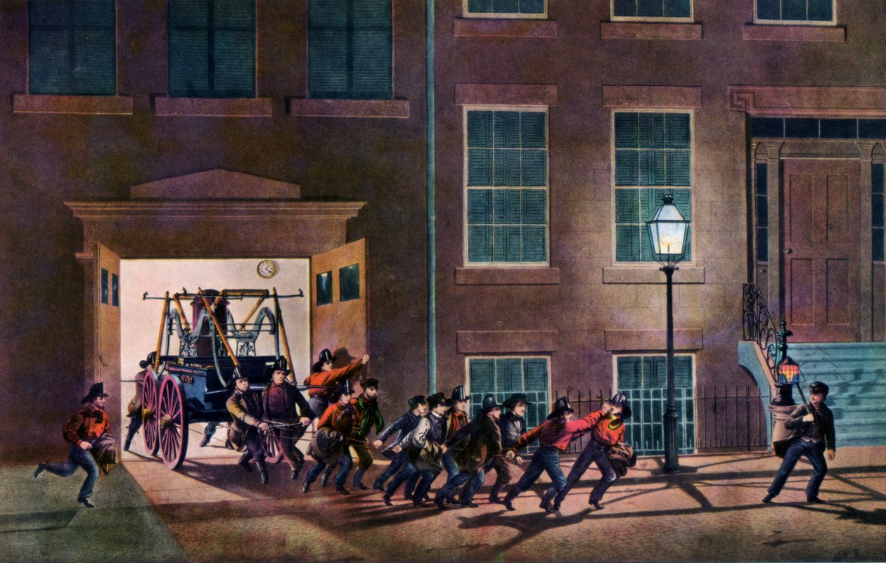 Der Nachtalarm, Das Leben eines Feuerwehrmanns, 1854 von Nathaniel Currier