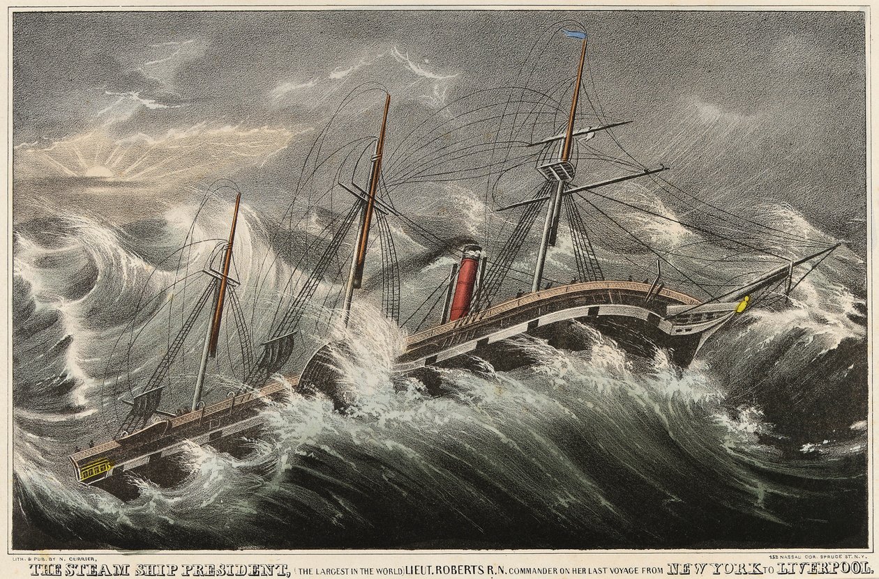 Das Dampfschiff President, das größte der Welt, kommandiert von Leutnant Roberts während seiner letzten Reise von New York (USA) nach Liverpool (England), im Sturm vom 12. März von Nathaniel Currier