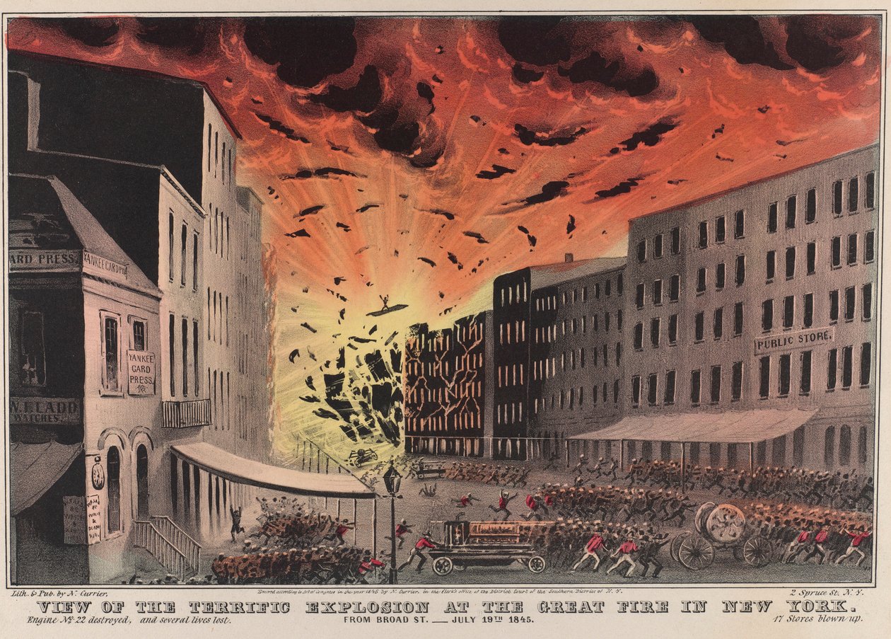 Ansicht der schrecklichen Explosion beim großen Brand in New York. Von Broad St. - 19. Juli 1845 von Nathaniel Currier
