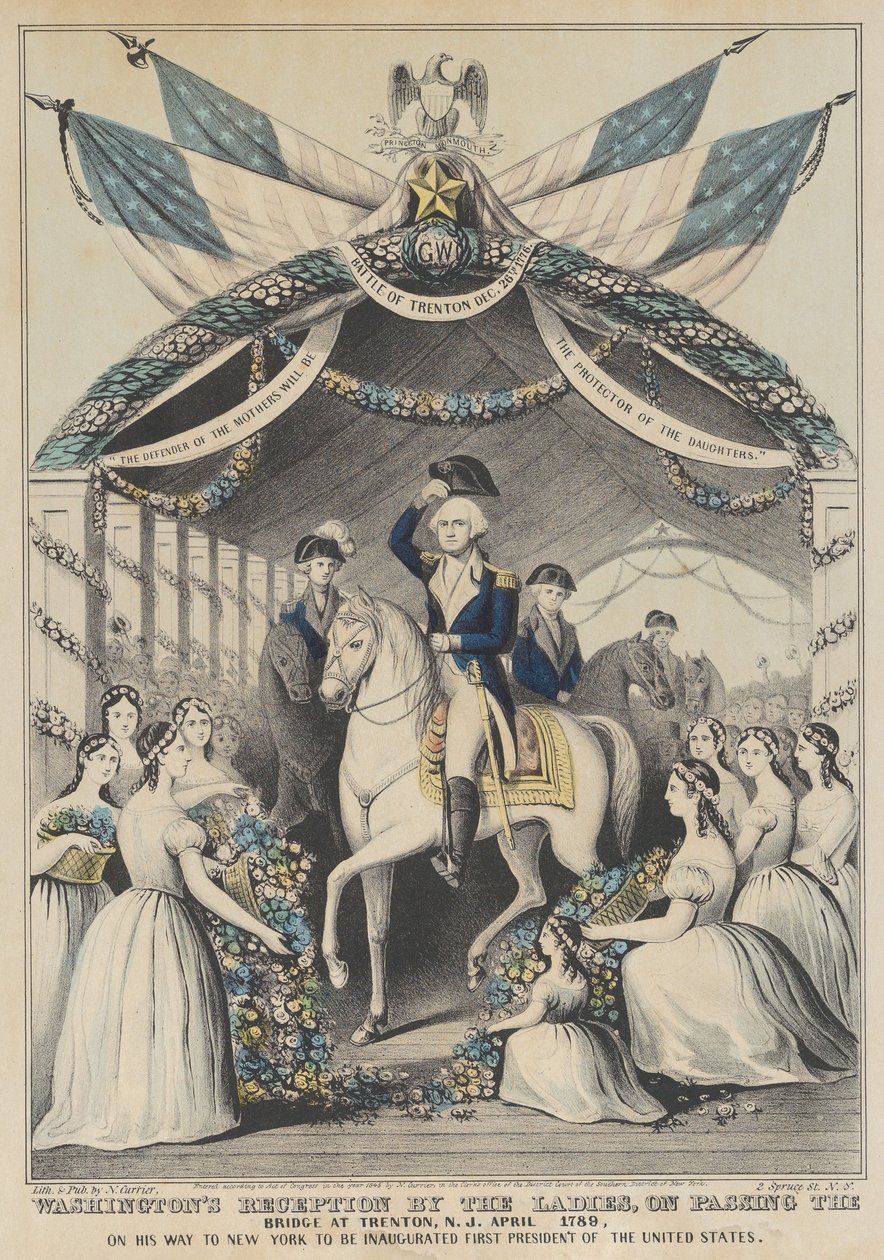 Washingtons Empfang durch die Damen beim Überqueren der Brücke in Trenton, April 1789, auf dem Weg zur Amtseinführung als erster Präsident der Vereinigten Staaten von Nathaniel Currier