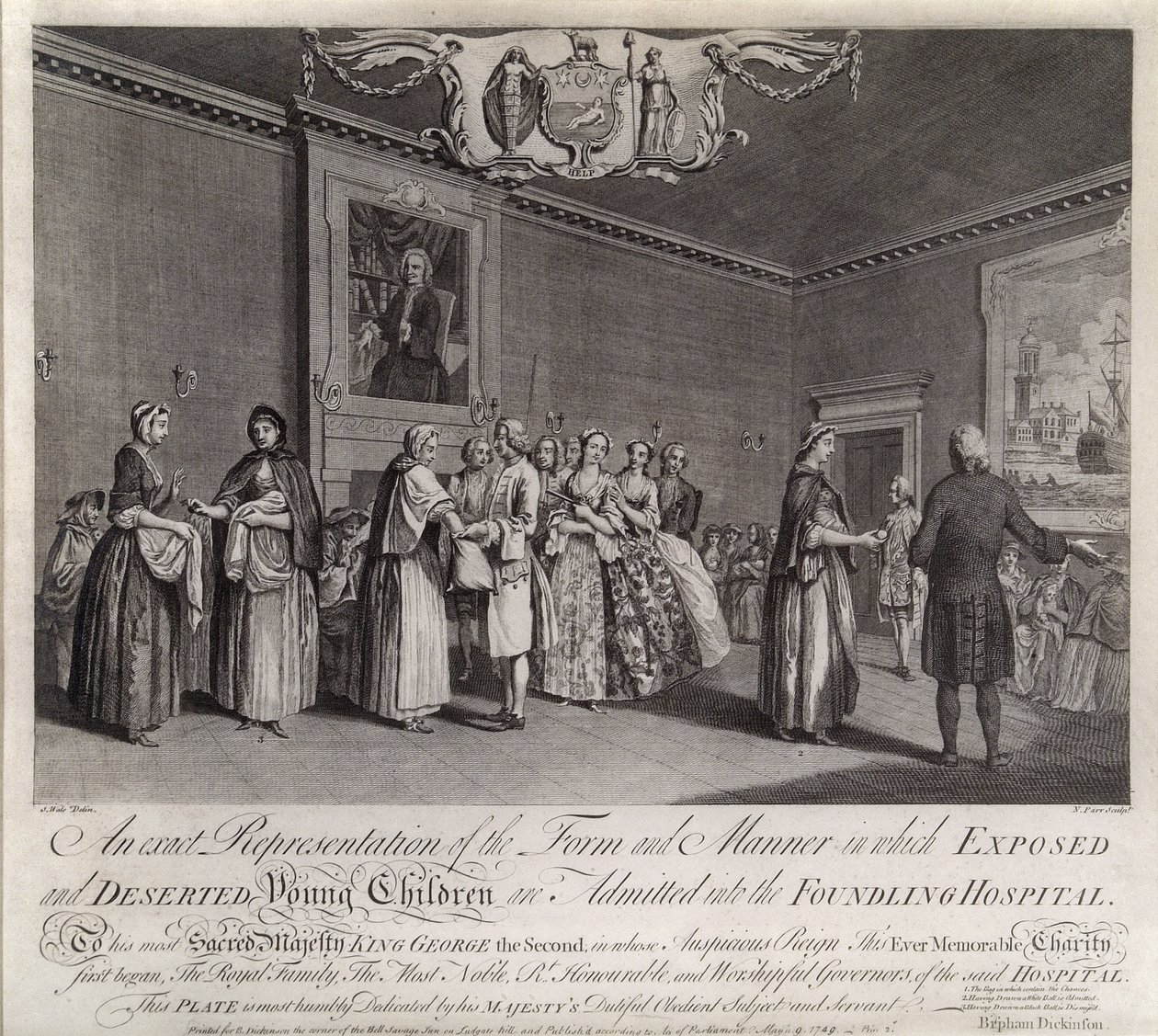 Eine genaue Darstellung der Form und Weise, in der ausgesetzte und verlassene junge Kinder im Findelhaus aufgenommen werden, 1749 von Nathaniel Parr
