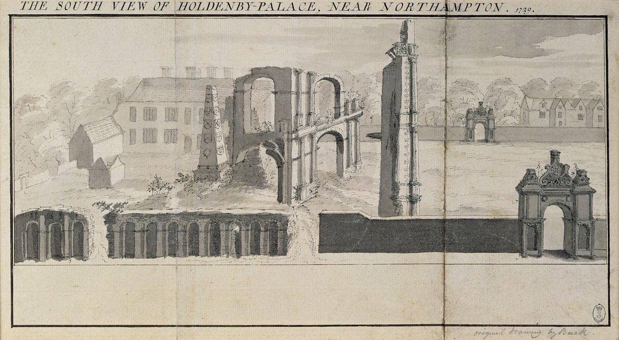 Südansicht von Holdenby House und Ruinen, wie sie 1729 zu sehen waren von Nathaniel and Samuel Buck