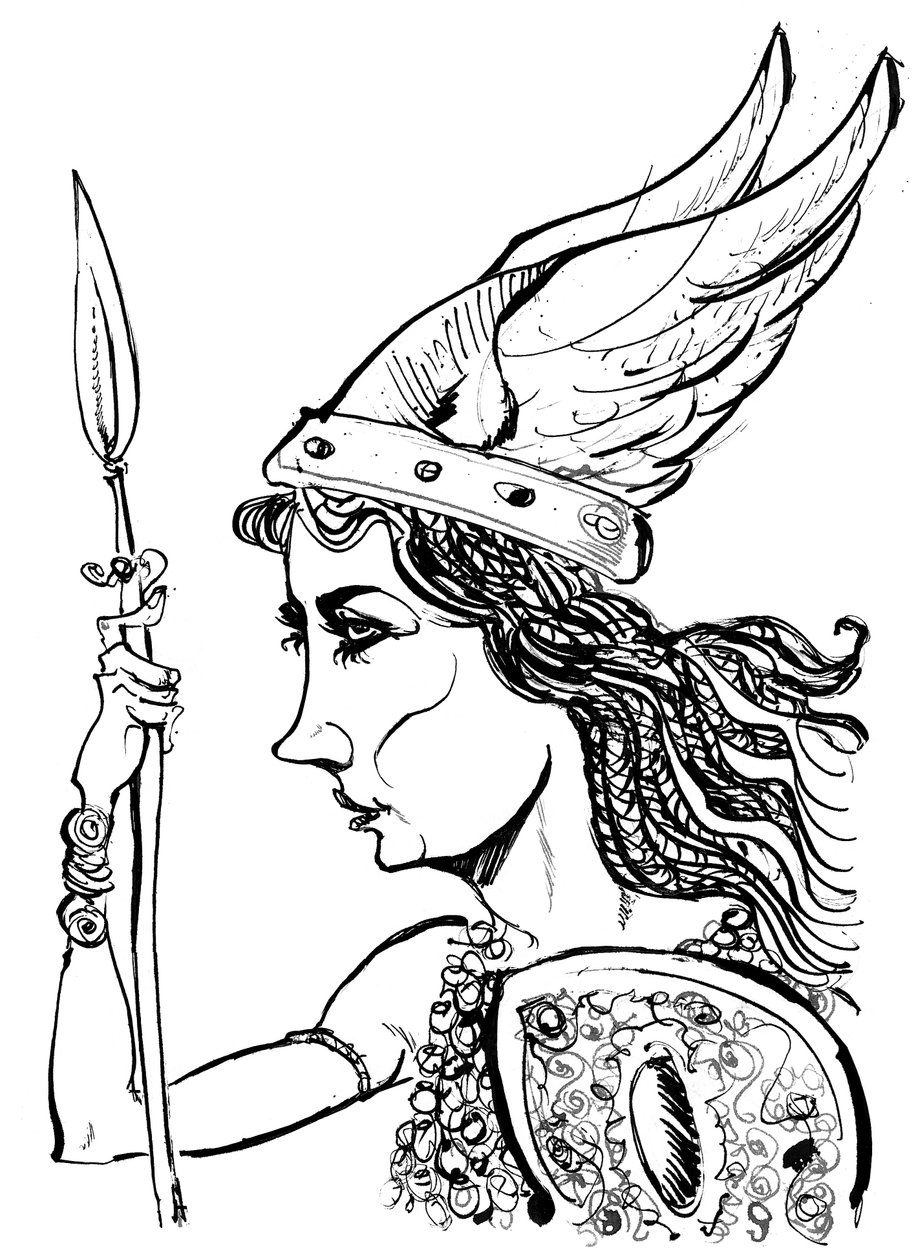 Kirsten Flagstad als Brünnhilde aus der Oper Die Walküre von Richard Wagner (deutscher Komponist 1813-83); schwarz-weiße Karikatur von Neale Osborne