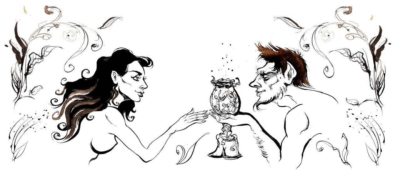 Margarita trifft den bocksbeinigen Mann aus Der Meister und Margarita von Michail Bulgakow (russischer Dramatiker und Autor, 1891-1940); Tuschzeichnung, 2015 von Neale Osborne