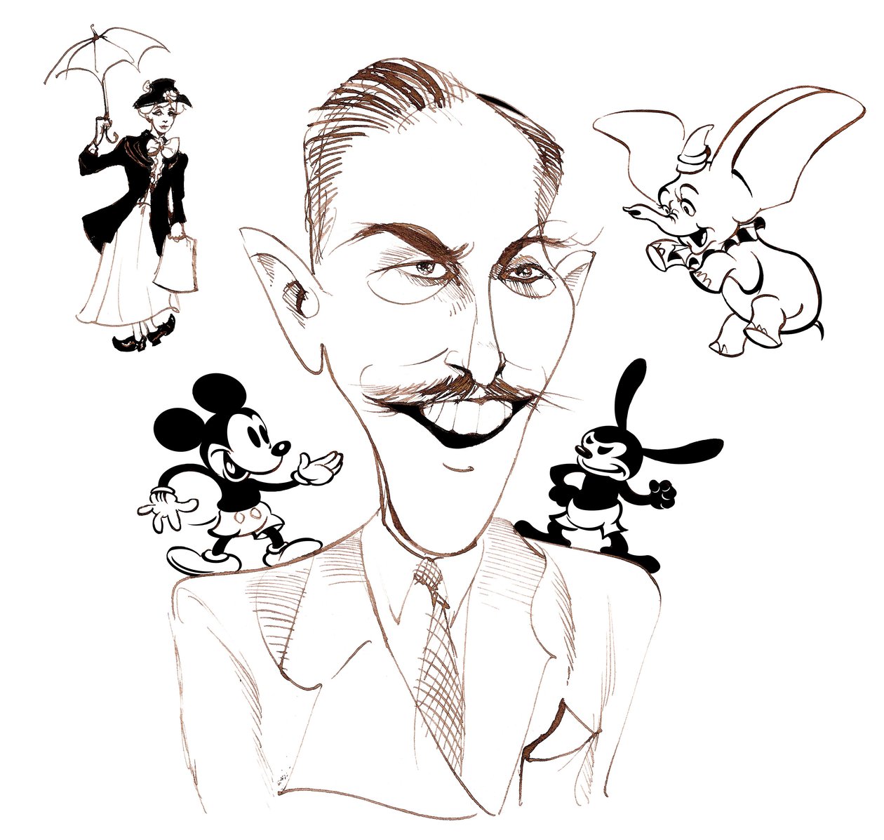 Walt Disney, amerikanischer Filmproduzent, Geschäftsmagnat, Cartoonist und Animator; karikiert mit Mary Poppins von Neale Osborne