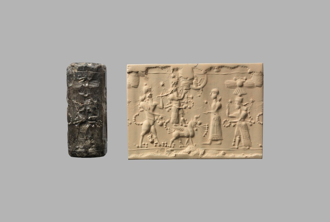 Zylindersiegel mit Skorpion-Mann und moderner Abdruck, ca. 8.–7. Jahrhundert v. Chr. (Quarz, kryptokristallin) von Neo Assyrian