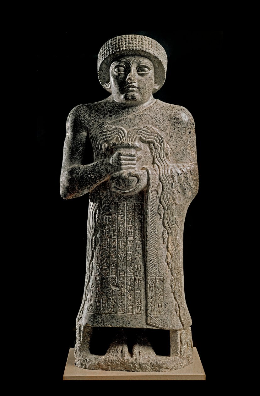Sumerische Kunst: Detail der Statue von Gudea, Prinz von Lagash, bekannt als „mit der sprudelnden Vase“ von Neo Sumerian Neo Sumerian