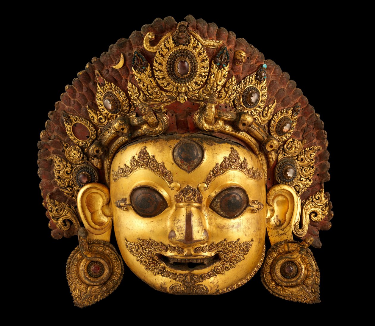 Kopf von Bhairava, ca. 16. Jahrhundert (bemaltes vergoldetes Kupfer und Bergkristall) von Nepalese School