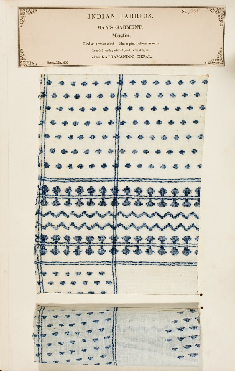 Musselinprobe aus Kathamandoo in Nepal, aus The Collection of the Textile Manufacturers of India, von John Forbes Watson, veröffentlicht 1866 von Nepalese School
