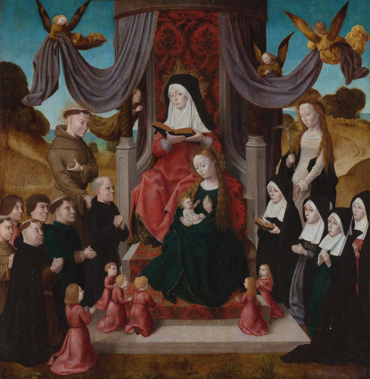 Die Jungfrau und das Kind mit der heiligen Anna Anna Selbdritt, Heilige Franziskus, Lidwina und Stifter, ca. 1490-1491 von Netherlandish Master