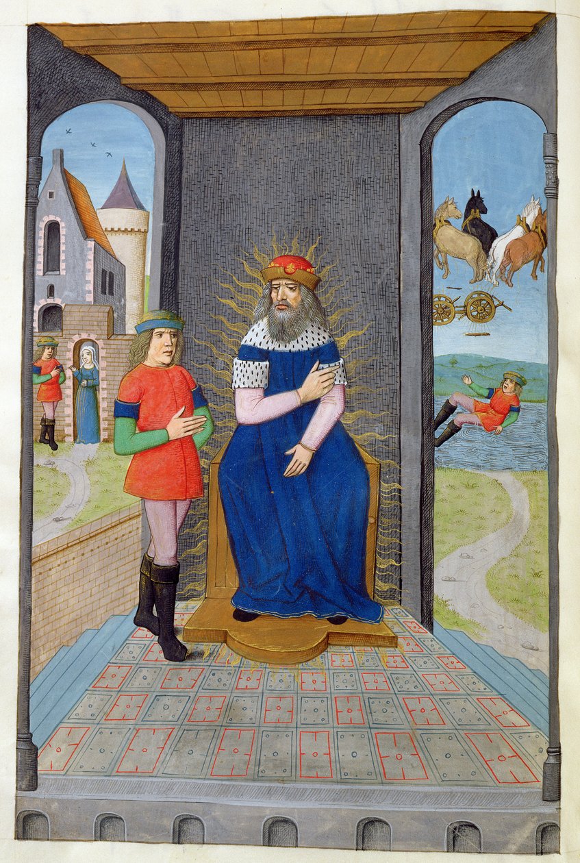 Phaeton leiht sich einen Wagen von seinem Vater und wird getötet, aus Metamorphosen 2 von Ovid, 1479 von Netherlandish School