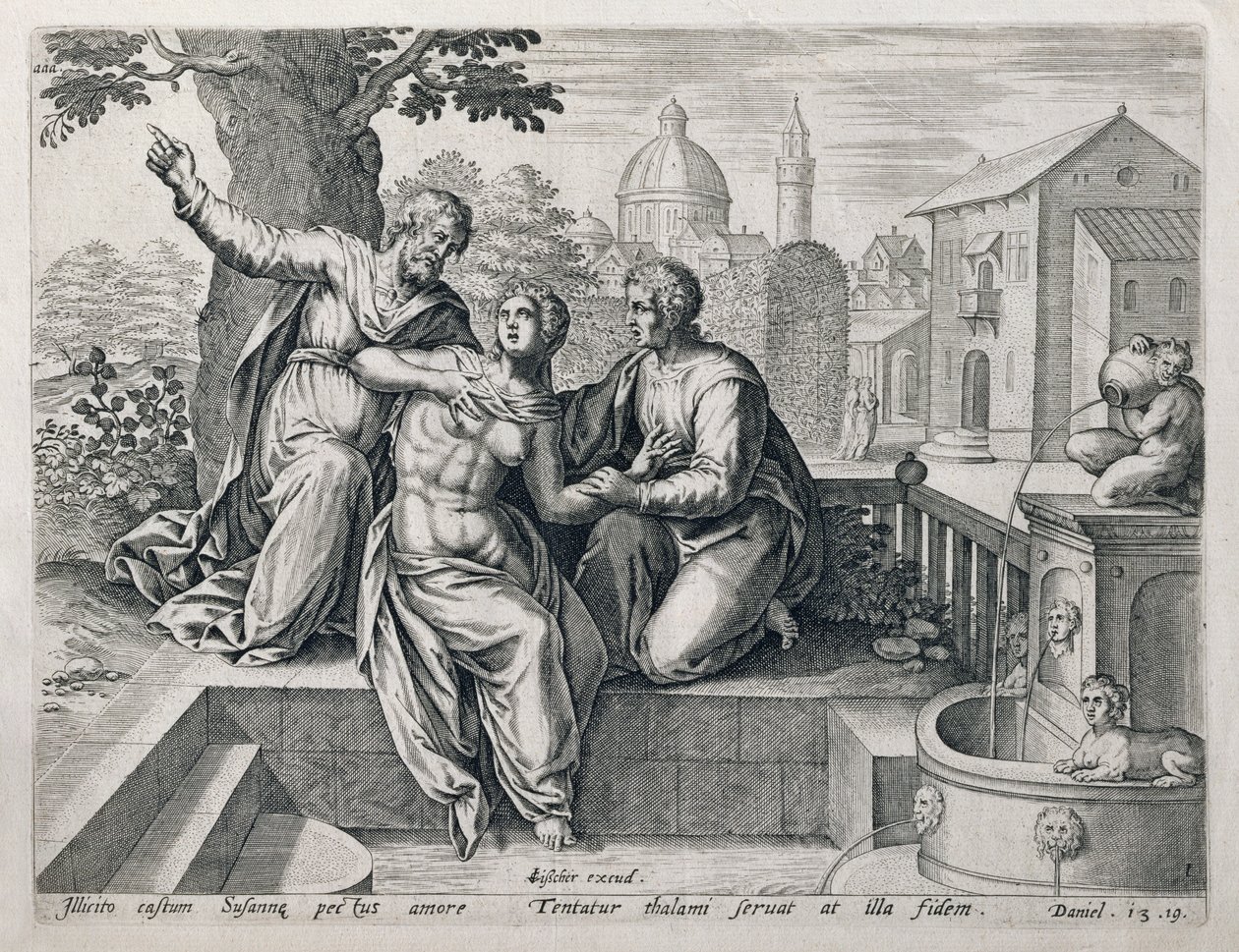 Susanna und die Ältesten, aus einer Serie, die Szenen aus der Bibel illustriert, veröffentlicht von Claes Jansz Visscher, ca. 1590 von Netherlandish School