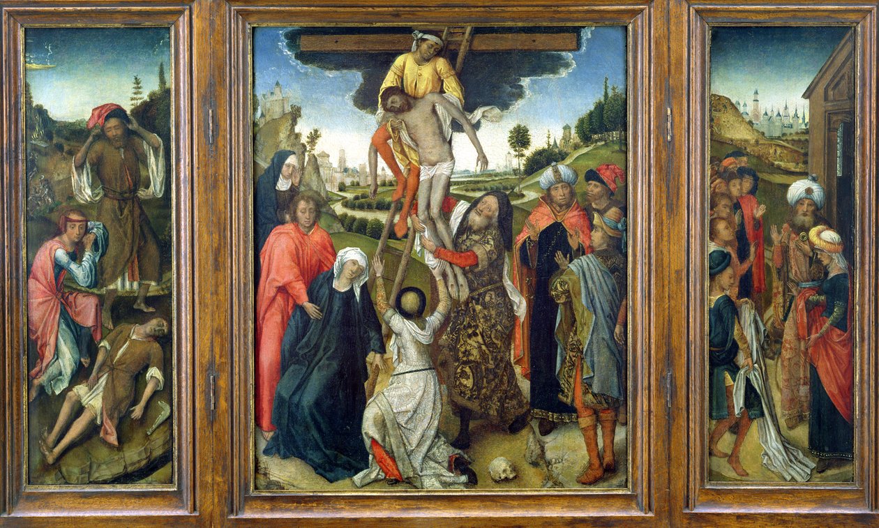 Die Kreuzabnahme, flankiert von (L) Adam und Eva trauern um Abel und (R) Josephs Mantel wird Jakob gezeigt, Triptychon, um 1470 von Netherlandish School