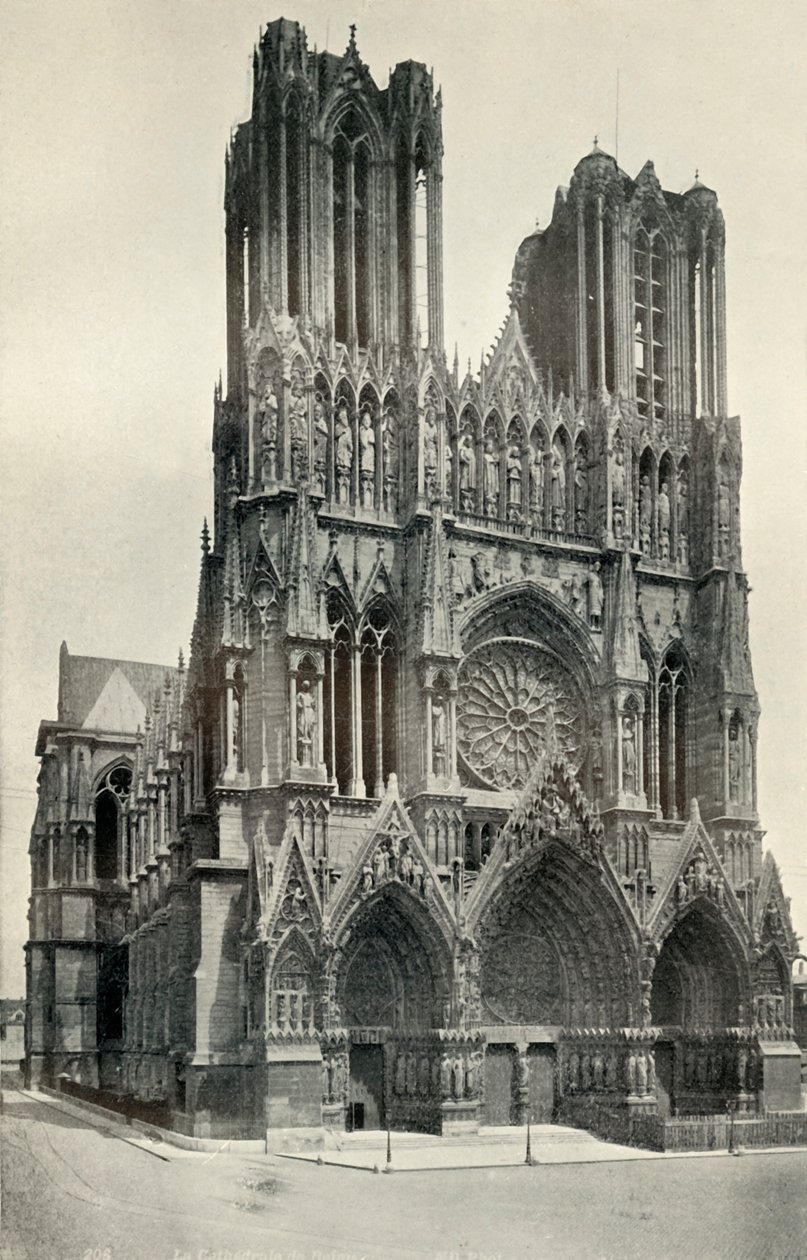 Ein großes gotisches Gebäude: Die Kathedrale von Reims, erbaut im 13. und 14. Jahrhundert, um 1930 von Neurdein