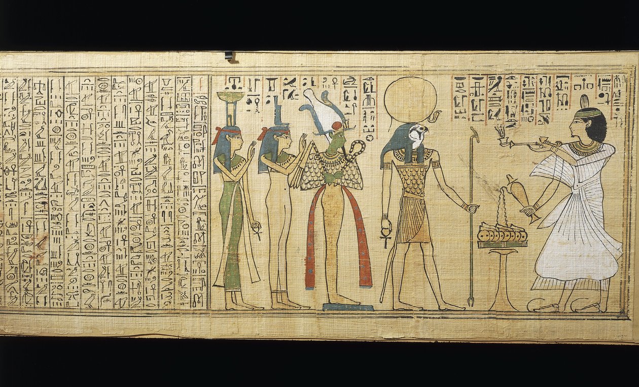 Papyrus von Khonsumes, Das Buch der Toten, der Verstorbene bringt Opfergaben dar von New Kingdom Egyptian