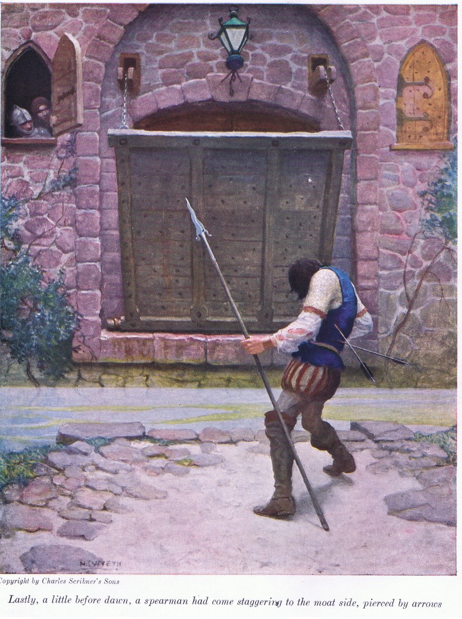 Kurz vor der Morgendämmerung kam ein Speerkämpfer, der von Pfeilen durchbohrt war, taumelnd zum Grabenrand von Newell Convers Wyeth