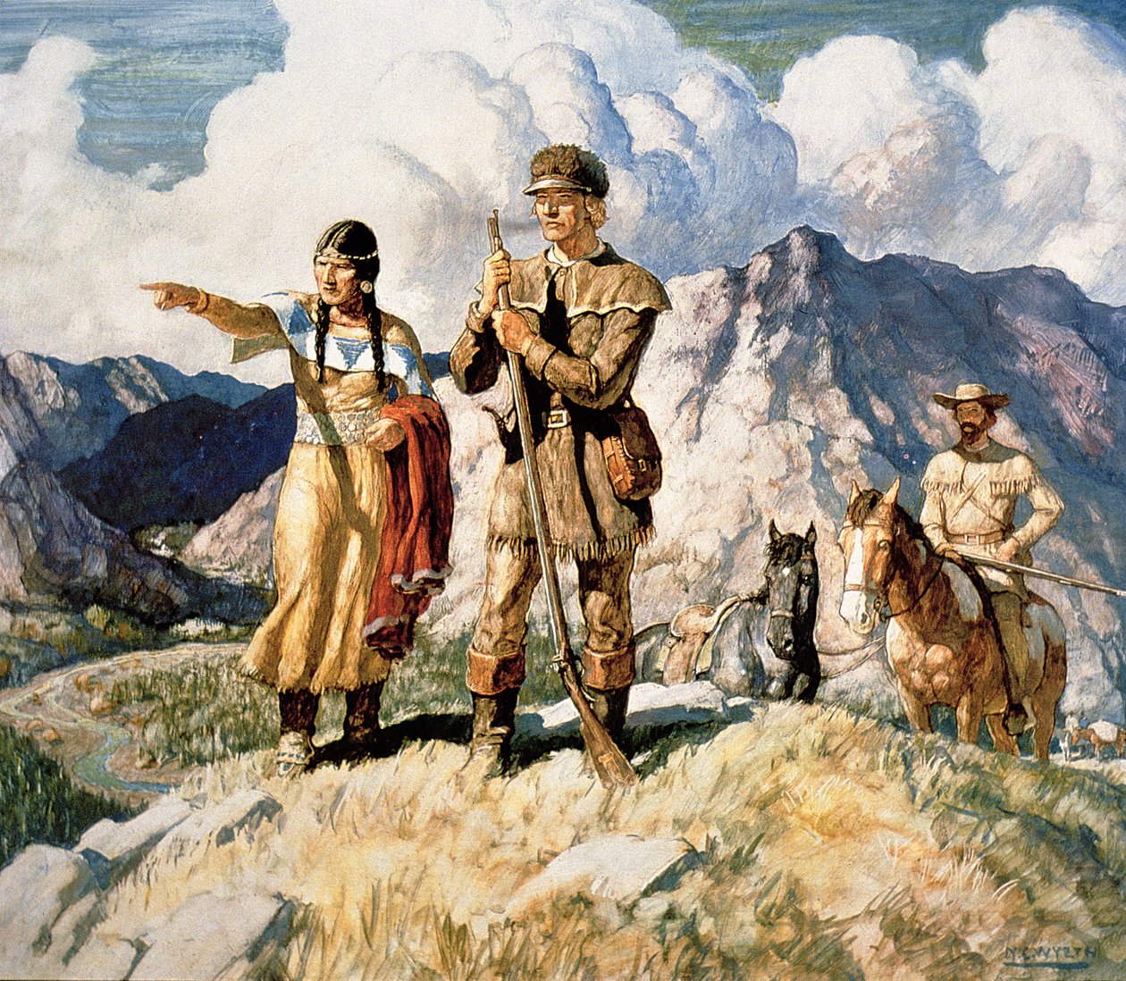 Sacagawea mit Lewis und Clark während ihrer Expedition 1804-06 von Newell Convers Wyeth