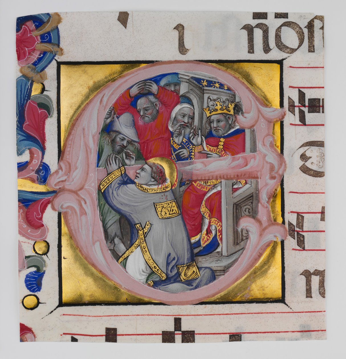 Manuskript-Illumination mit dem Martyrium des Heiligen Stephanus in einem Initial E von Niccolò di Giacomo da Bologna