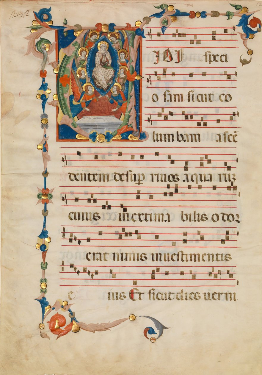 Manuskriptblatt mit der Himmelfahrt der Jungfrau Maria in einem Initial V, aus einem Antiphonar von Niccolò di ser Sozzo