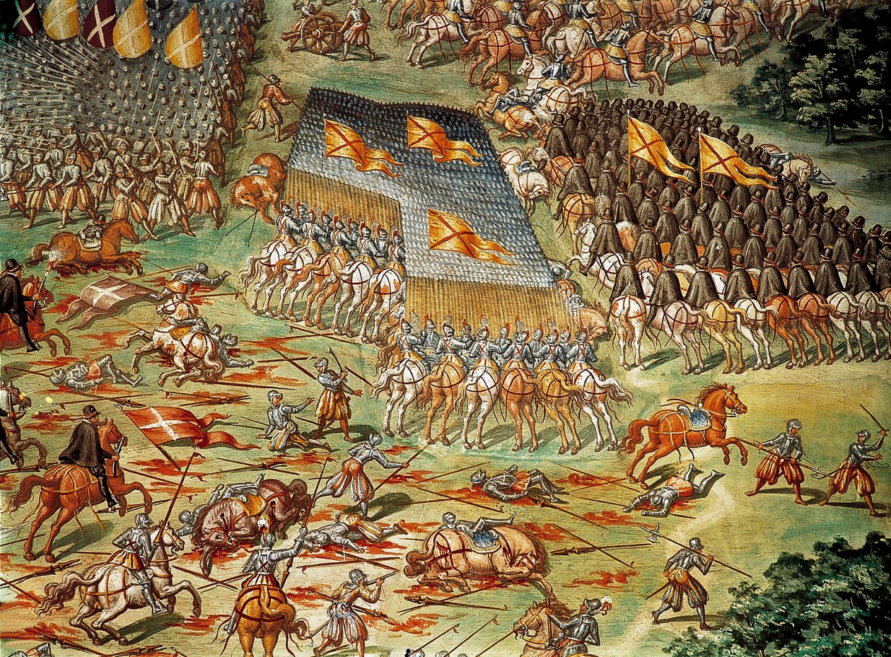 Die Schlacht von St. Quentin, die 1557 den Sieg der Spanier über die Franzosen während der Italienischen Kriege sah, Detail mit Kavallerieangriff von Niccolo (and workshop) Granello