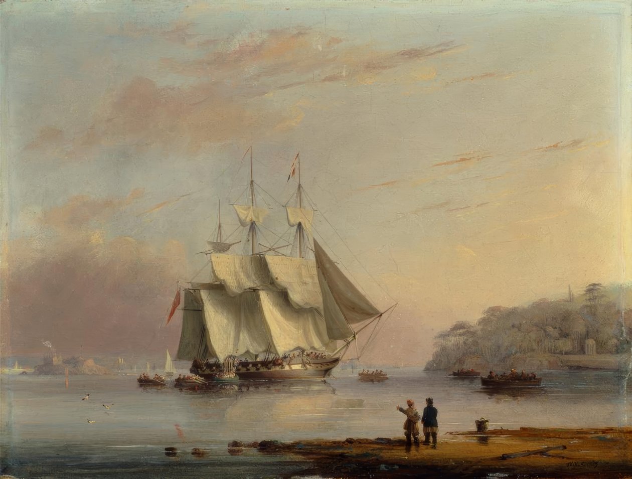 Eine britische Fregatte vor der Küste bei Mount Edgecumbe, Plymouth von Nicholas Condy