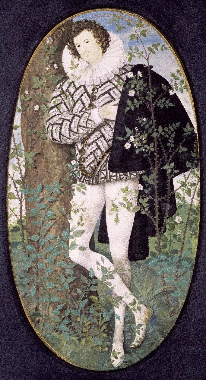 Ein junger Mann lehnt an einem Baum unter Rosen von Nicholas Hilliard