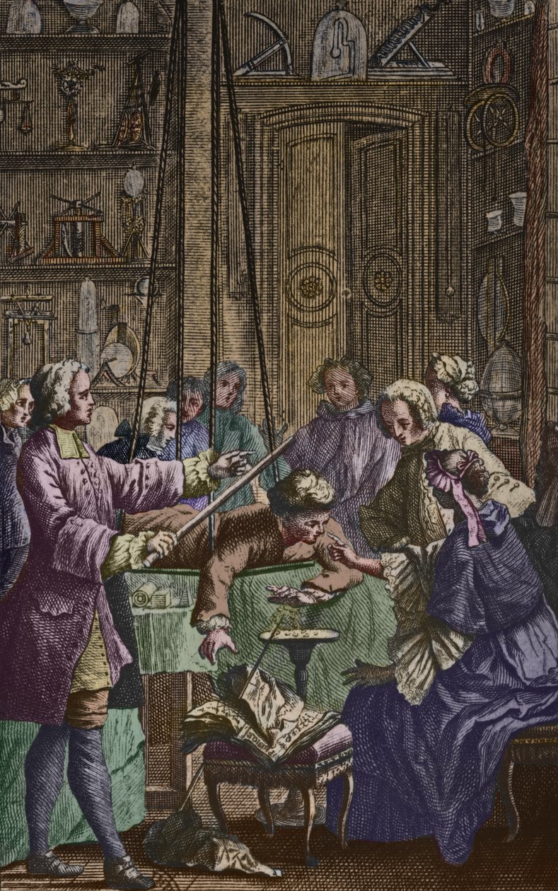 Elektrisches Experiment an einem Mann von Abbe Jean Antoine Nollet (1700-70) in einem Physikerkabinett, Frontispiz-Illustration aus Essai sur l
