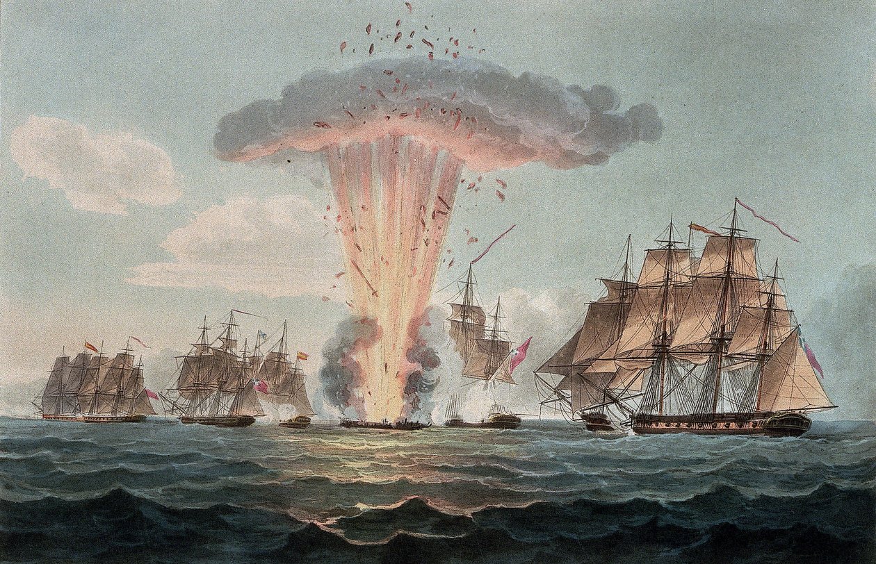 Die Eroberung und Zerstörung von vier Fregatten des spanischen Schatzes vor der Küste von Cadiz (Spanien) am 5. Oktober von Nicholas Pocock