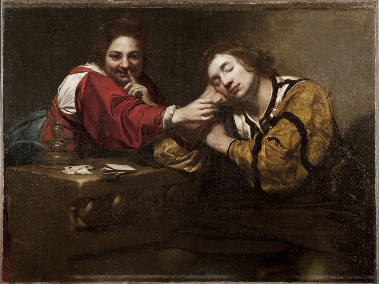 Wahrsageszene (Schläfer von einer jungen Frau geweckt), von Niccolo Renieri von Nicholas Renieri