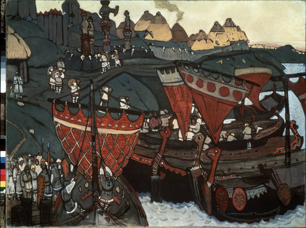 Die Slawen am Dnepr: Waräger (oder Rus) auf dem Fluss, Werk von Nicholas Roerich von Nicholas Roerich