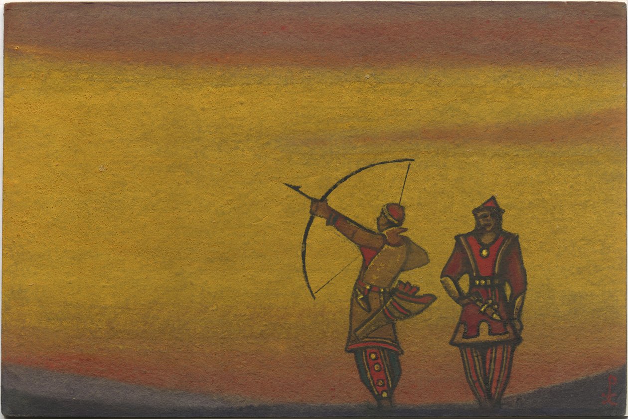 Polowetzer, einer mit einem Bogen, Kostümentwurf für "Polowetzer Tänze" aus Borodins Oper "Fürst Igor", 1943 von Nicholas Roerich