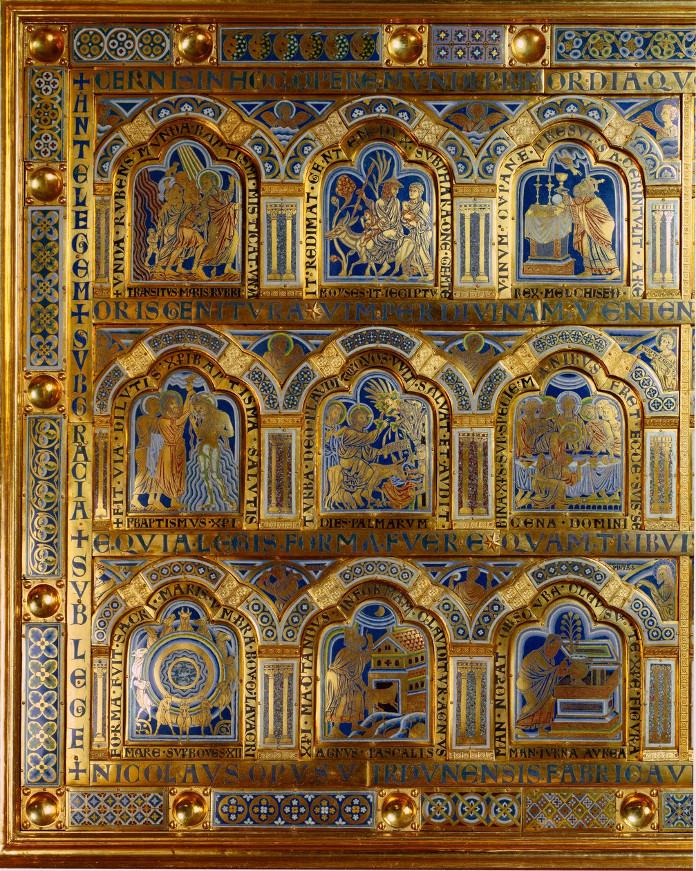 Verdun-Altar aus Gold und Emaille von Nicolas de Verdun (ca.1130/50-1205): Szenen aus dem Alten und Neuen Testament (Durchquerung des Roten Meeres, König Melchisedech, die Taufe Christi) von Nicholas of Verdun