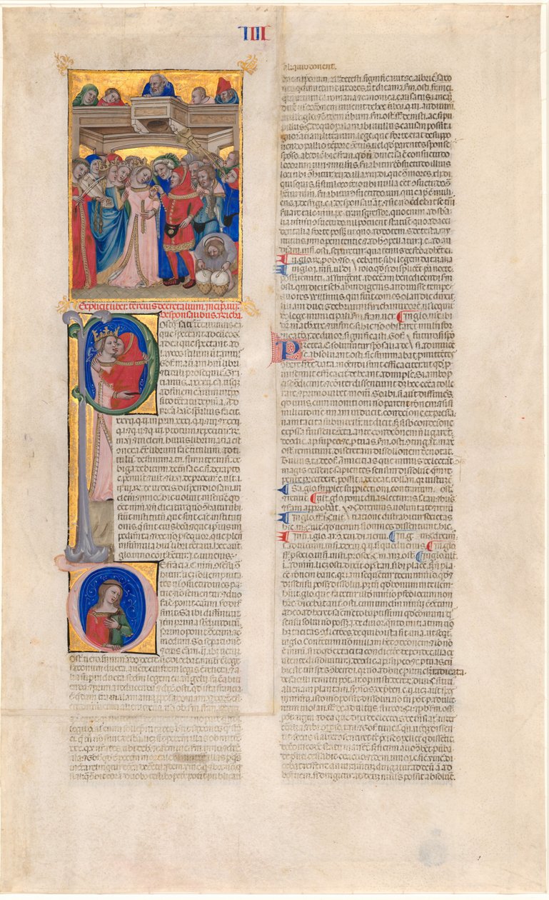 Die Hochzeit; der Kuss der Braut (Initiale P); die verlassene Braut (Initiale D) von Nicolò da Bologna