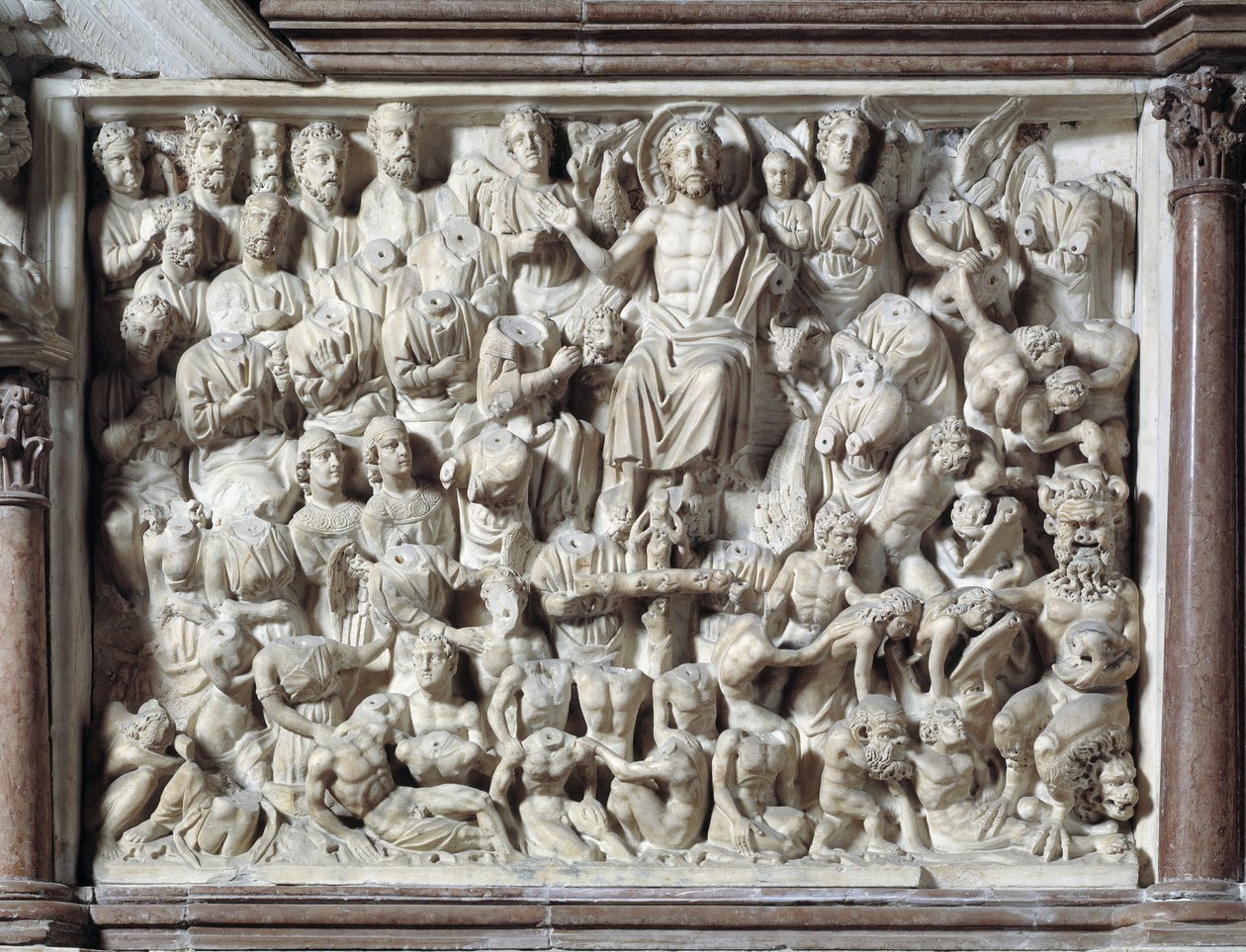 Das Jüngste Gericht (Jüngstes Gericht) Kanzel von Nicola Pisano (1215/20-1278/84) (Marmorkanzel) 1260 Baptisterium St. Johannes von Pisa (Battistero San Giovanni di Pisa), Italien von Nicola Pisano