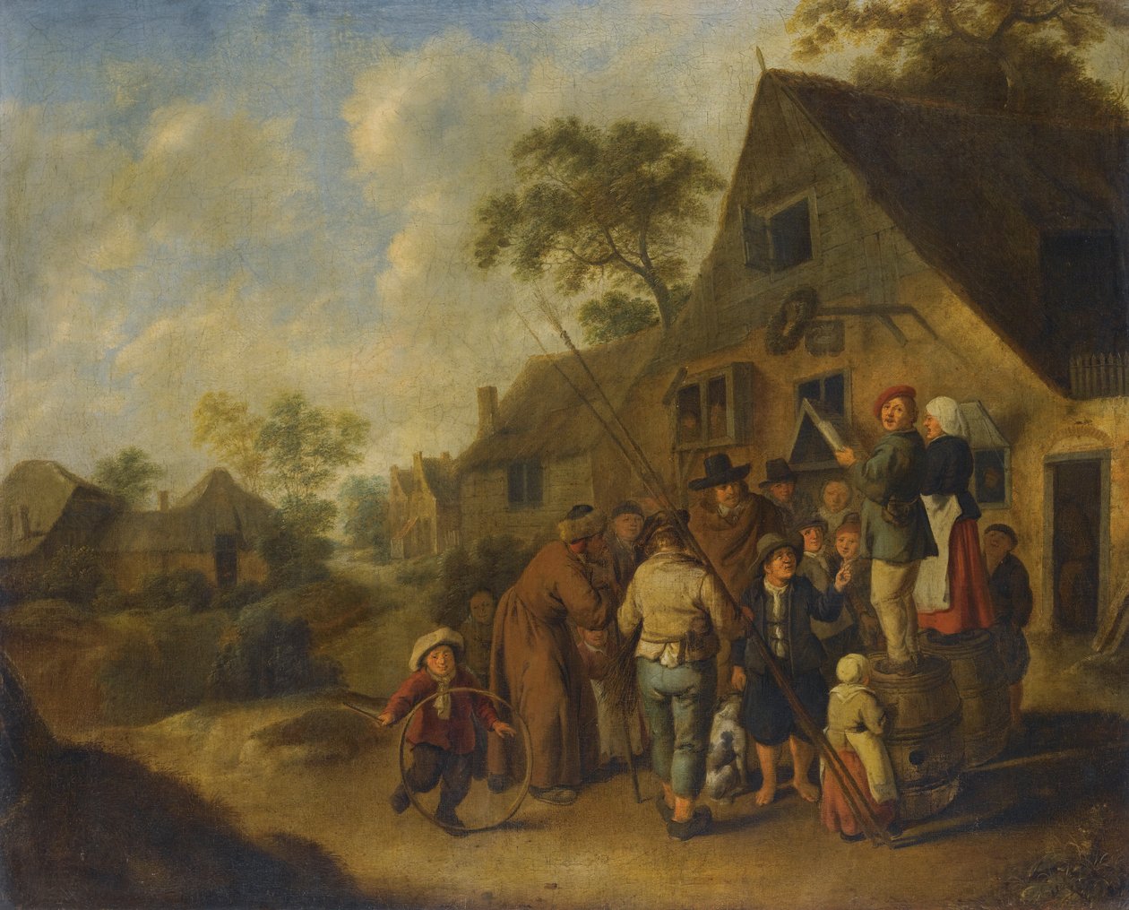 Figuren, die die Nachrichten auf Fässern vor einem Gasthaus verkünden von Jan Miense Molenaer von Nicolaes Molenaer