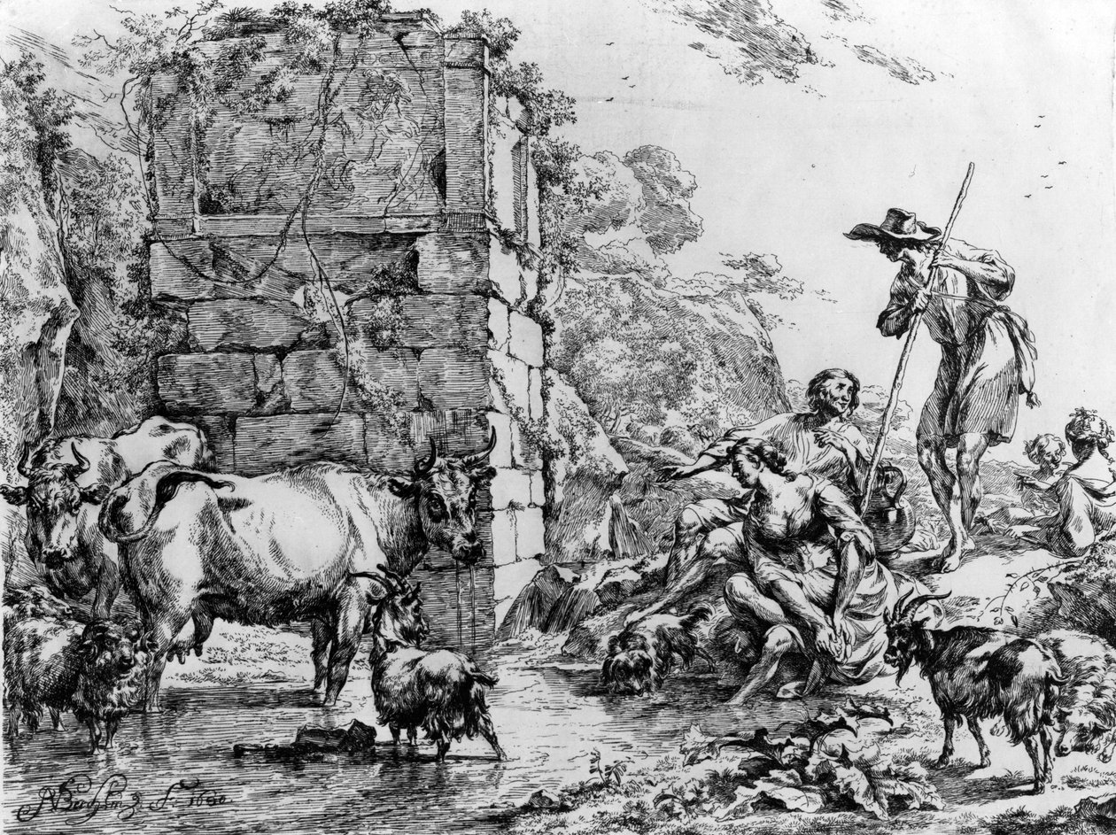 Kühe und Ziegen trinken an einem Teich von Nicolaes Pietersz. Berchem