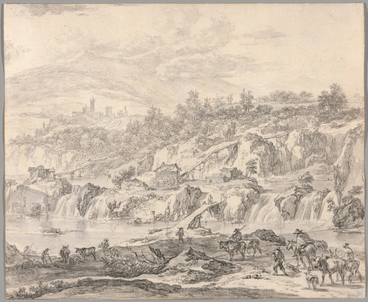 Landschaft mit Wasserfällen und Brücken, Bauern im Vordergrund von Nicolaes Berchem