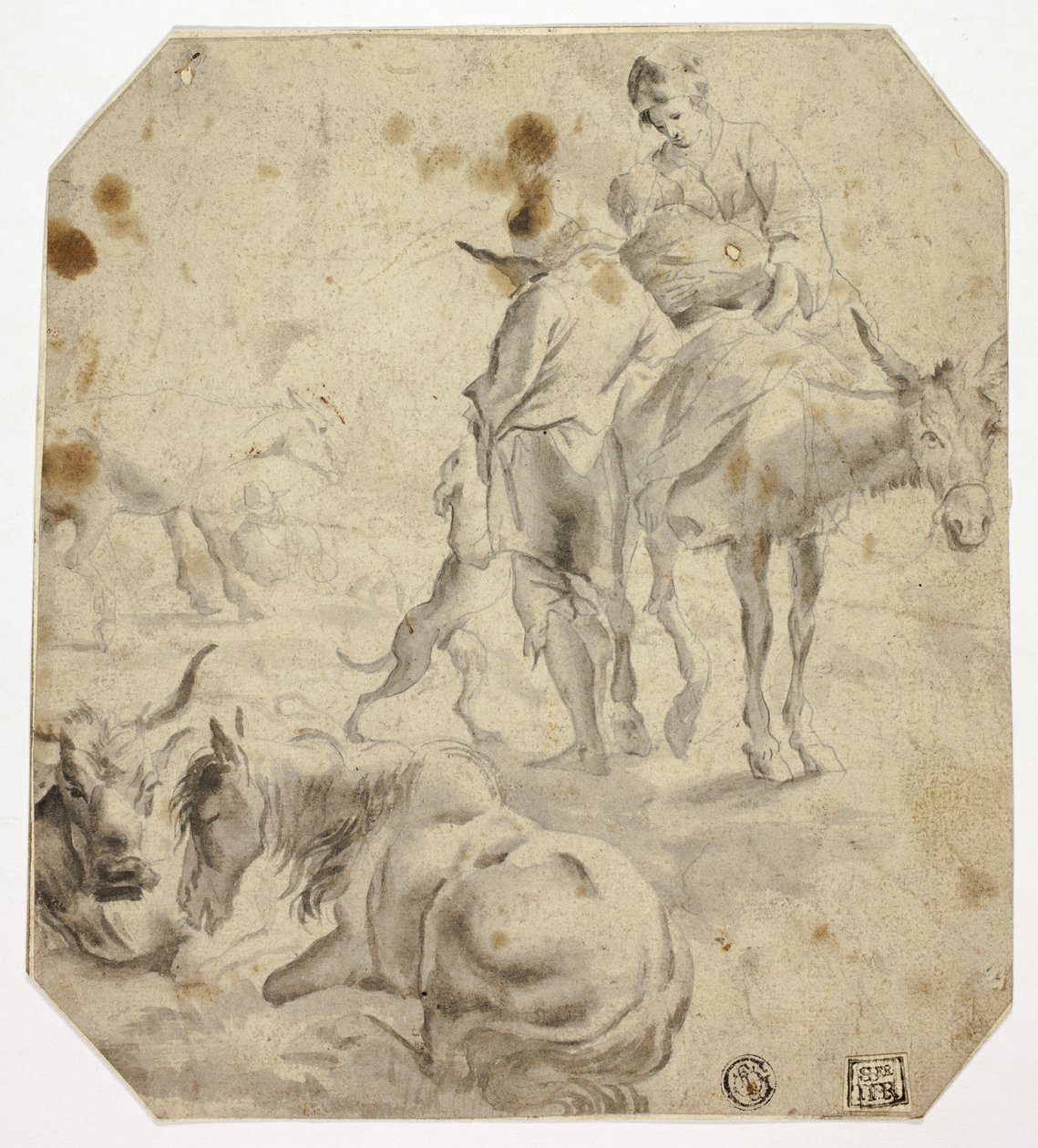 Frau und Kind auf Esel, Mann, Hunde, Pferde von Nicolaes Berchem