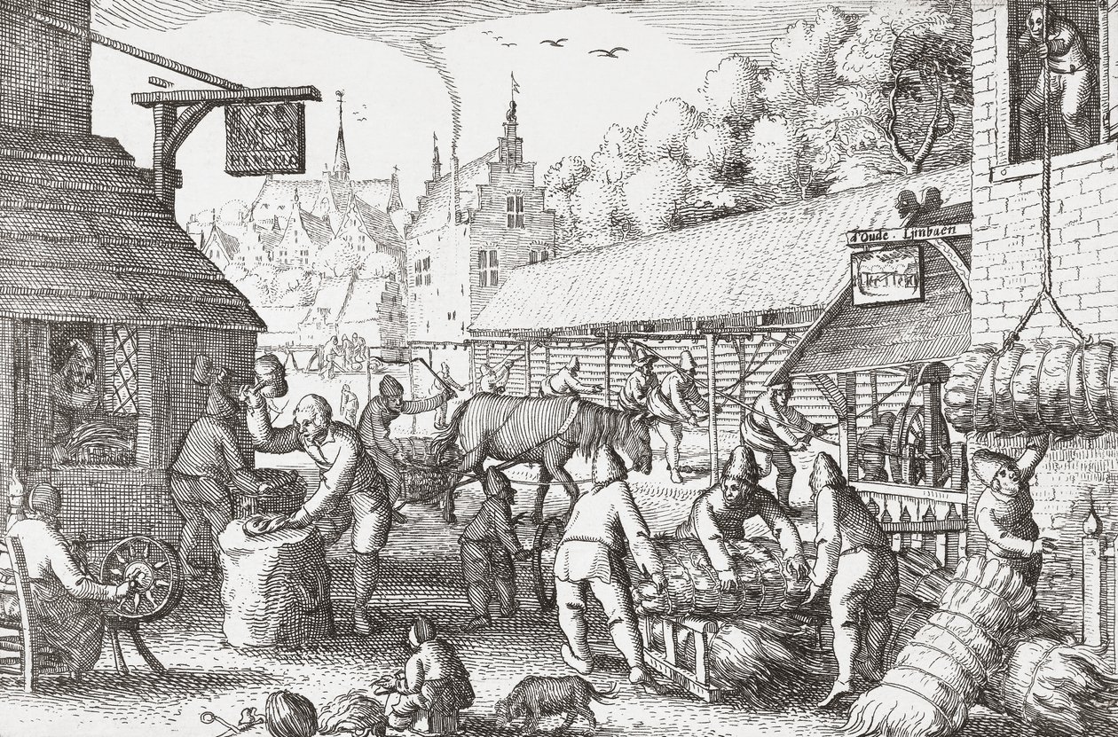 Niederländische Dorfbewohner des 17. Jahrhunderts beim Seilmachen von Nicolaes Jansz Visscher
