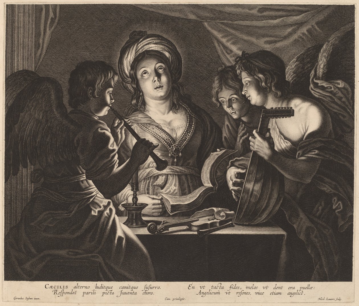 Heilige Cäcilia begleitet von himmlischen Musikern von Nicolaes Lauwers after Gerard Seghers