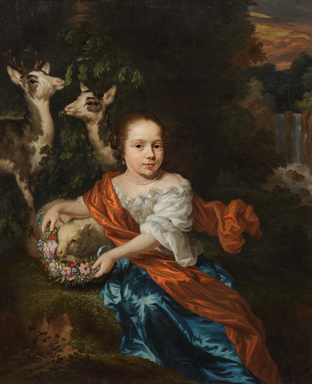 Mädchen mit Lamm und Rehen von Nicolaes Maes