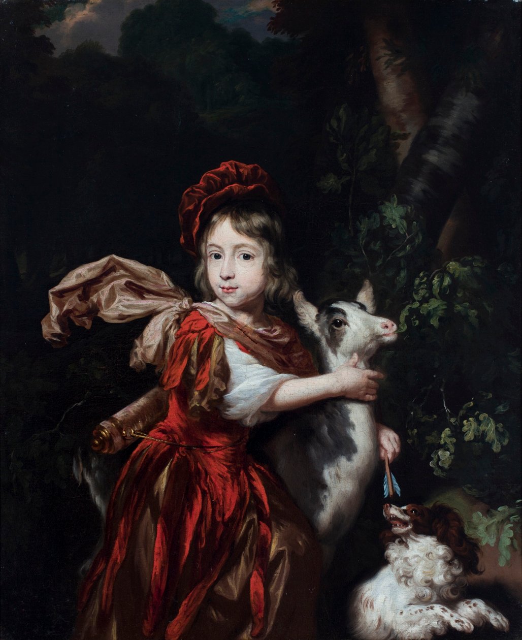 Porträt eines Jungen mit einer Ziege und einem Hund in einer Landschaft von Nicolaes Maes