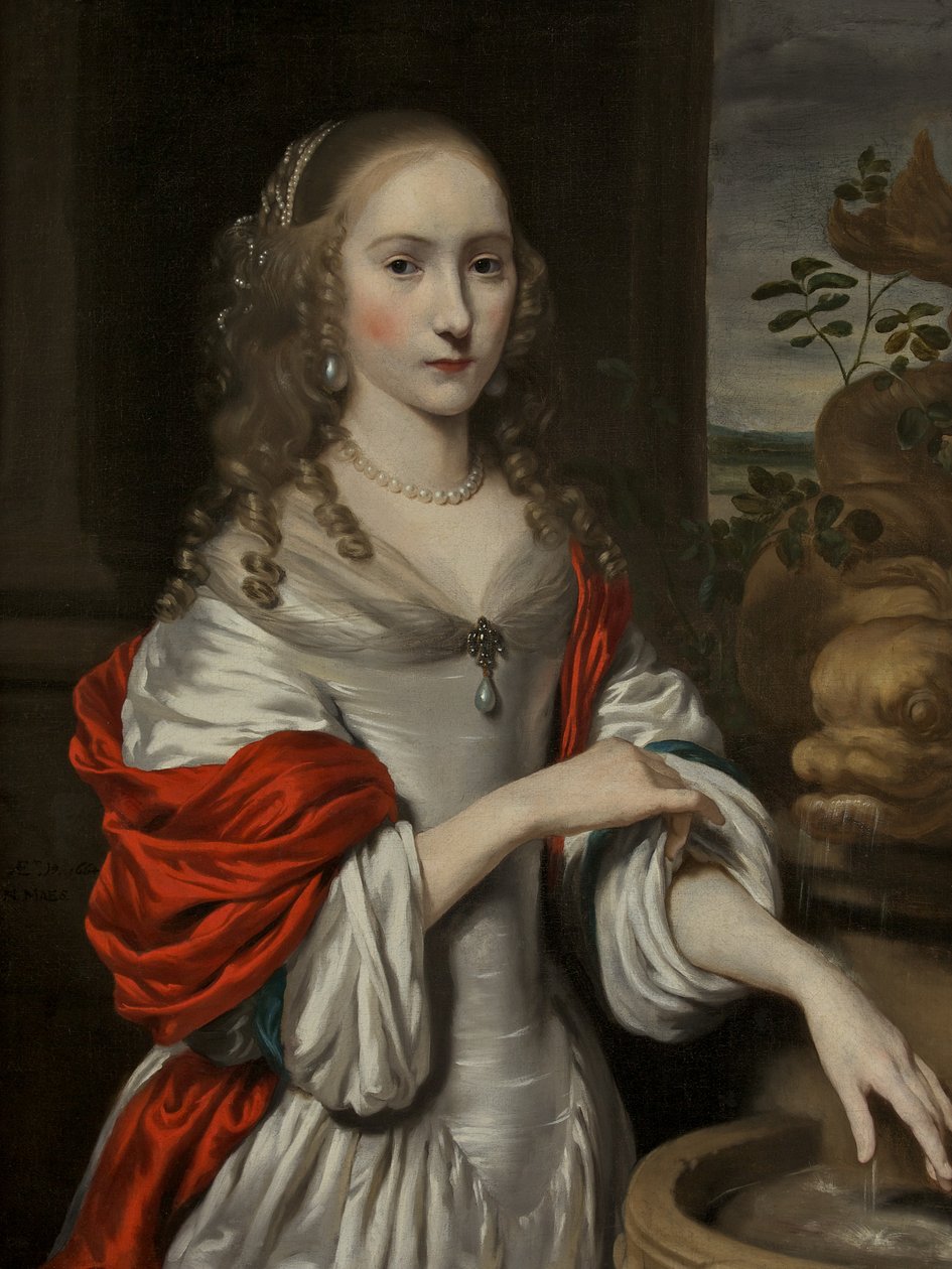 Porträt eines jungen Mädchens, stehend in der Nähe eines Brunnens von Nicolaes Maes