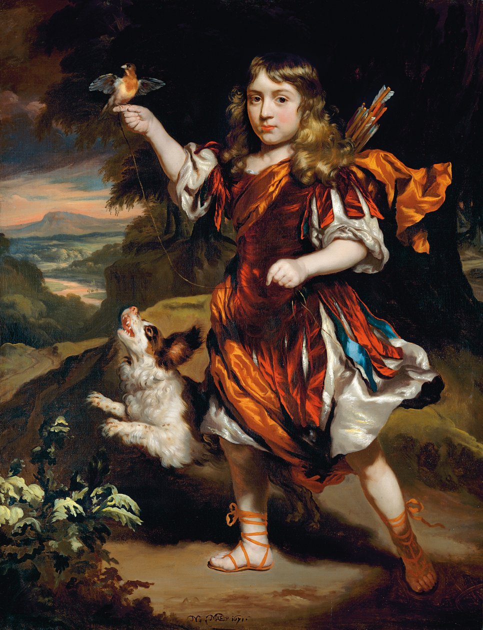Porträt eines Jungen, als Daifilo, in einem roten Überrock über einem silbernen Gewand, mit einem orangefarbenen Umhang, ein Vogel ruht auf seiner rechten Hand, sein Hund neben ihm, in einer Landschaft von Nicolaes Maes