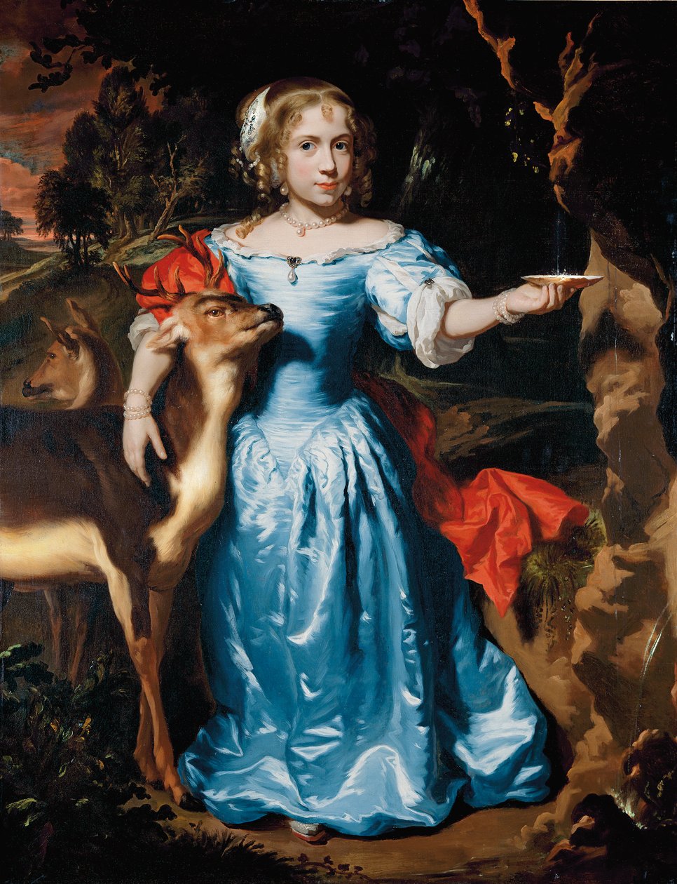 Porträt eines Mädchens in voller Länge als Granida, in einem blauen Seidenkleid und rotem Mantel, ihre linke Hand fängt Wasser in einer Muschel von einer Quelle, ihre rechte Hand um einen Hirsch von Nicolaes Maes