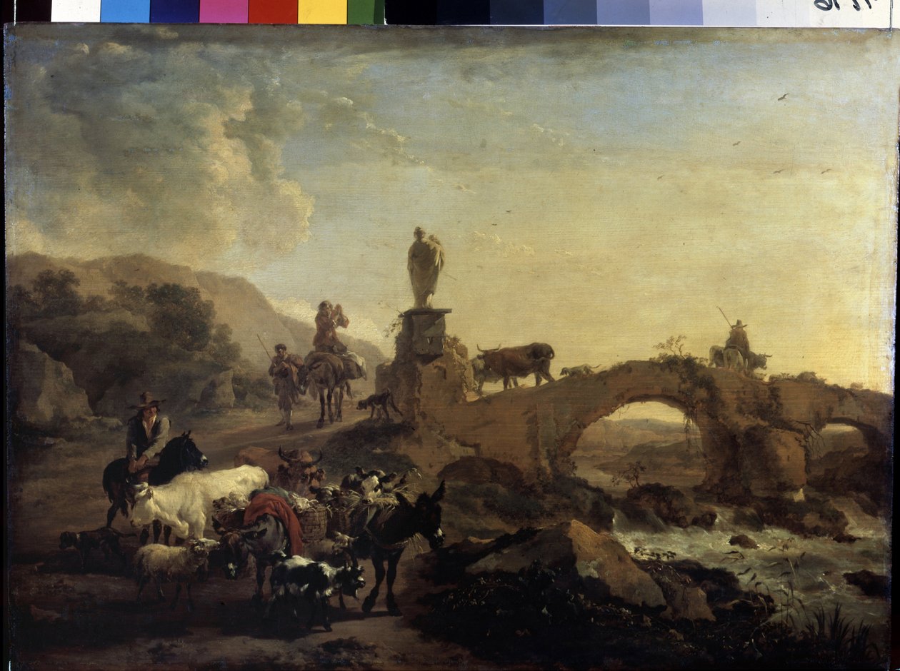 Italienische Landschaft mit einer kleinen Brücke von Nicolaes Pietersz. Berchem