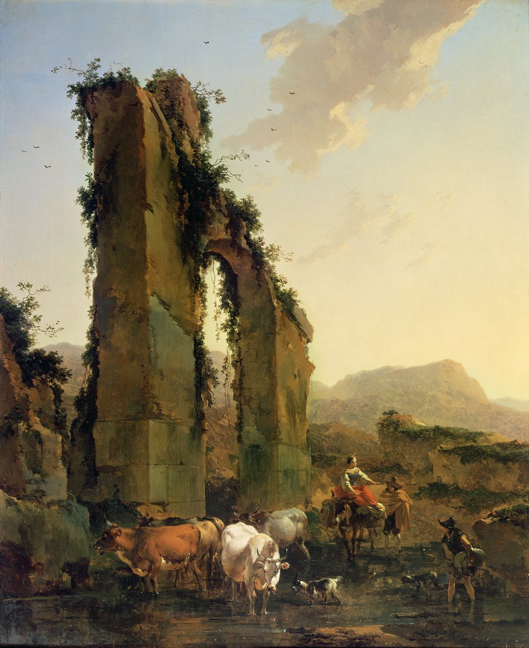 Bauern mit Vieh an einem zerstörten Aquädukt, um 1655-60 von Nicolaes Pietersz. Berchem