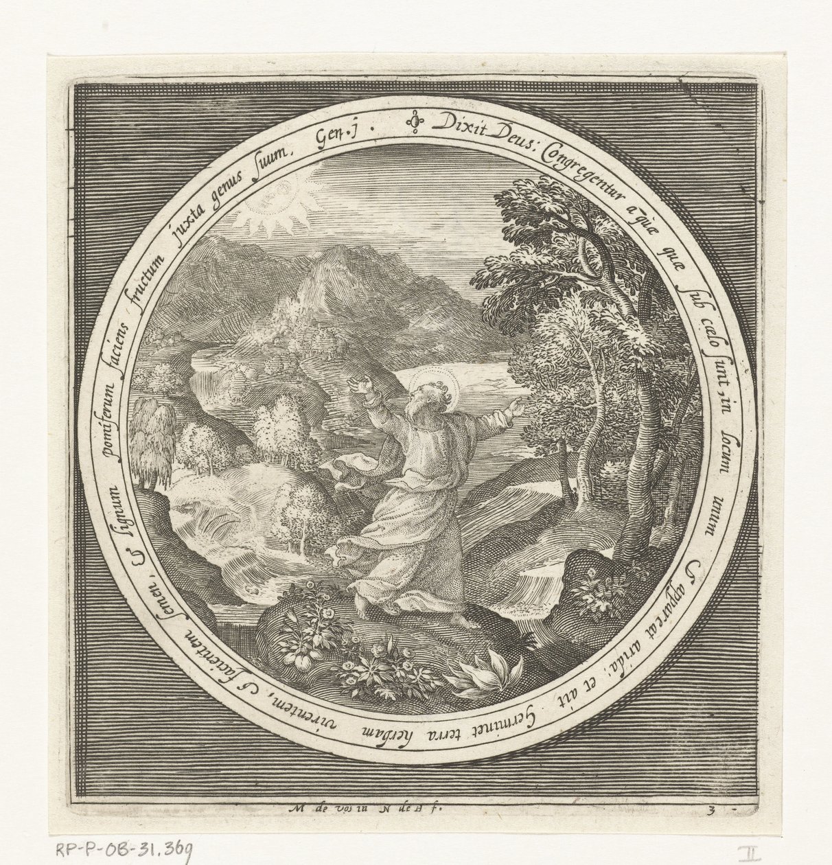 Dritter Tag der Schöpfung: Gott erschafft Land und samenbildende Pflanzen und Bäume mit Früchten, die Samen tragen von Nicolaes de Bruyn
