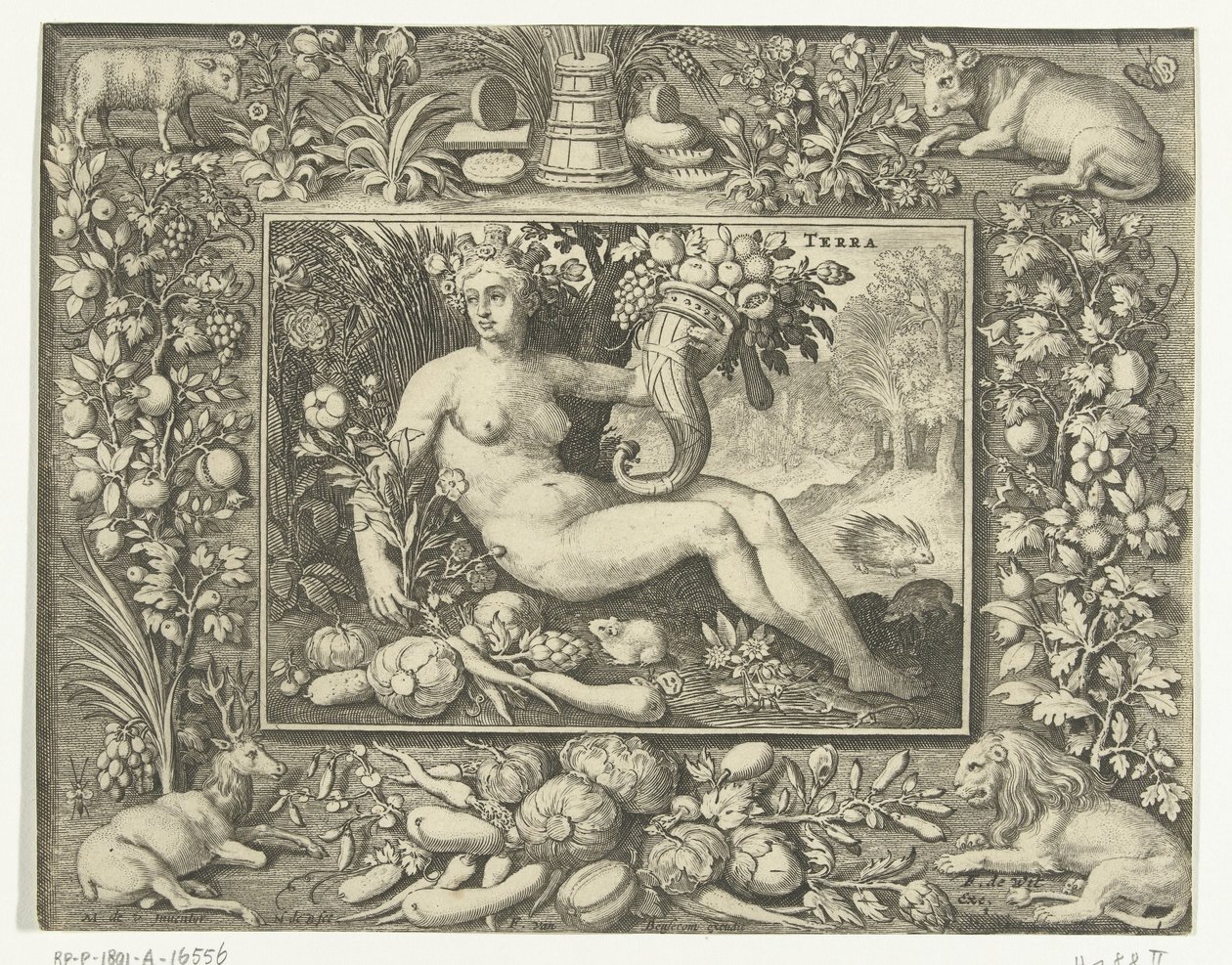 Element Erde als nackte Frau mit Füllhorn (Terra) (Die vier Elemente) von Nicolaes de Bruyn
