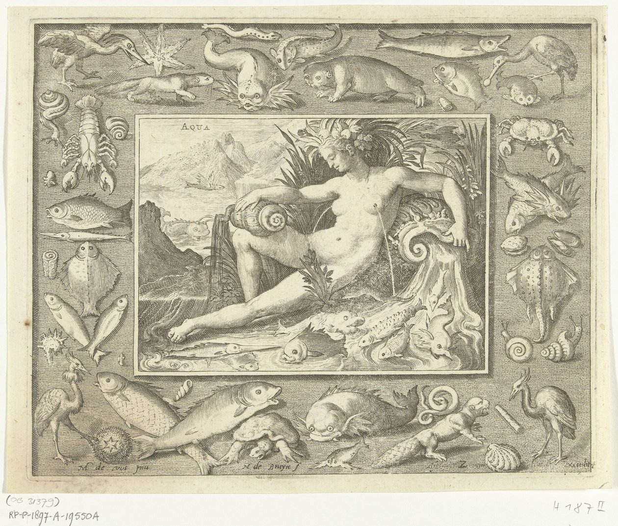 Element Wasser als Frau bei einer Quelle mit Fischen von Nicolaes de Bruyn